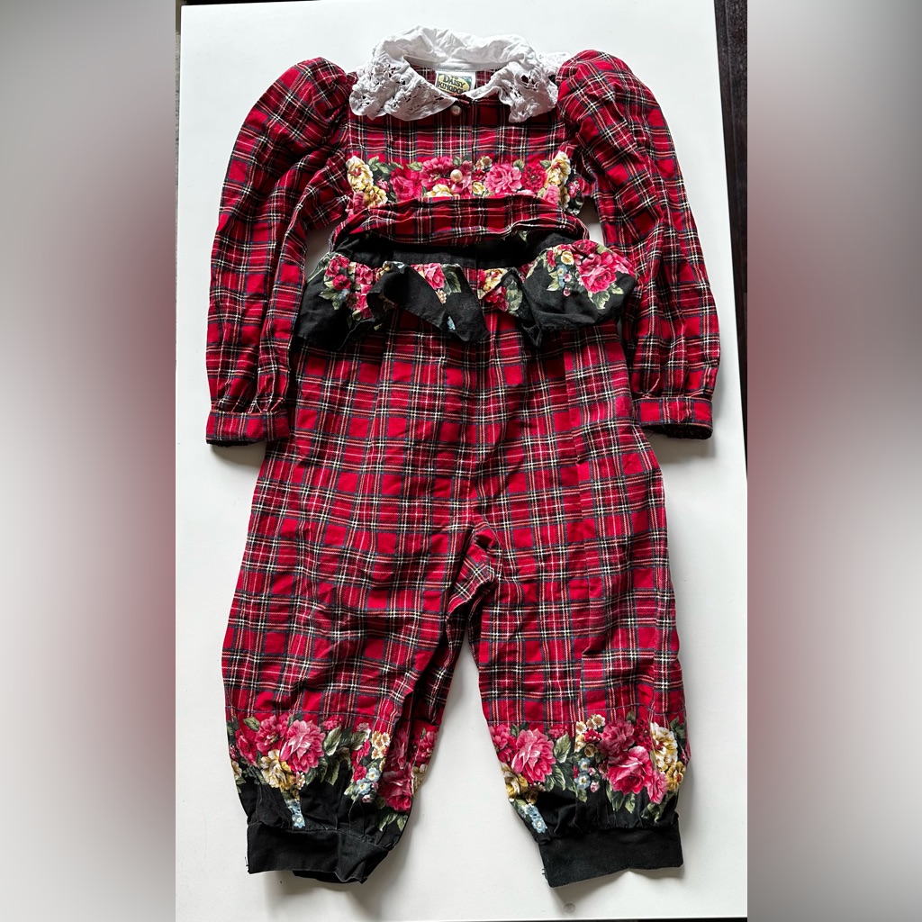 Rare Daisy Kingdom Romper Jumpsuit Red Plaid Floral Collar 5 Vintage